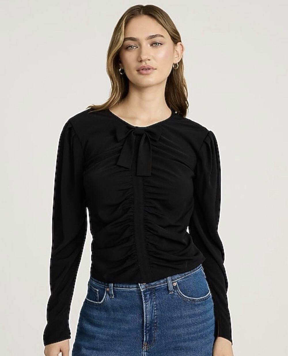 Express Black Puff Sleeve Bow Front Ruched Top Size Large